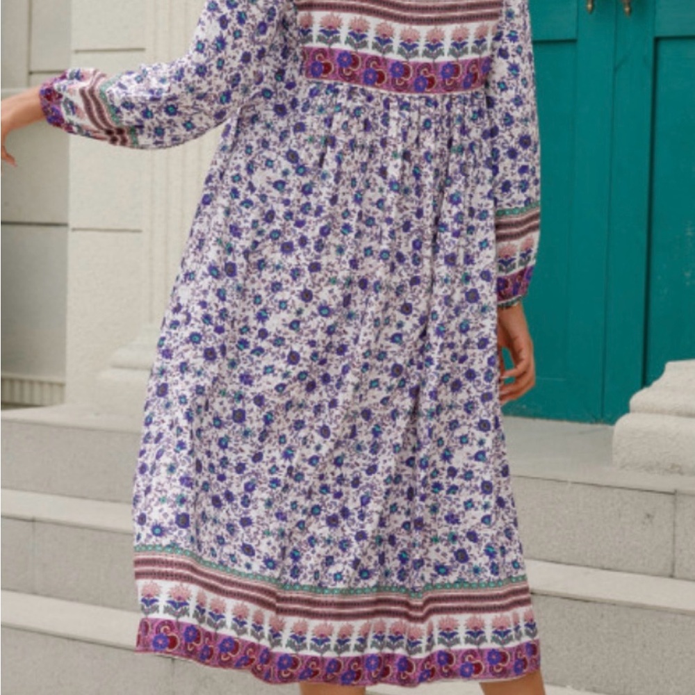 Floral Border Print V-Neck Tassel BoHo Midi Dress  Sz. 2XL/18 - Picture 3 of 8